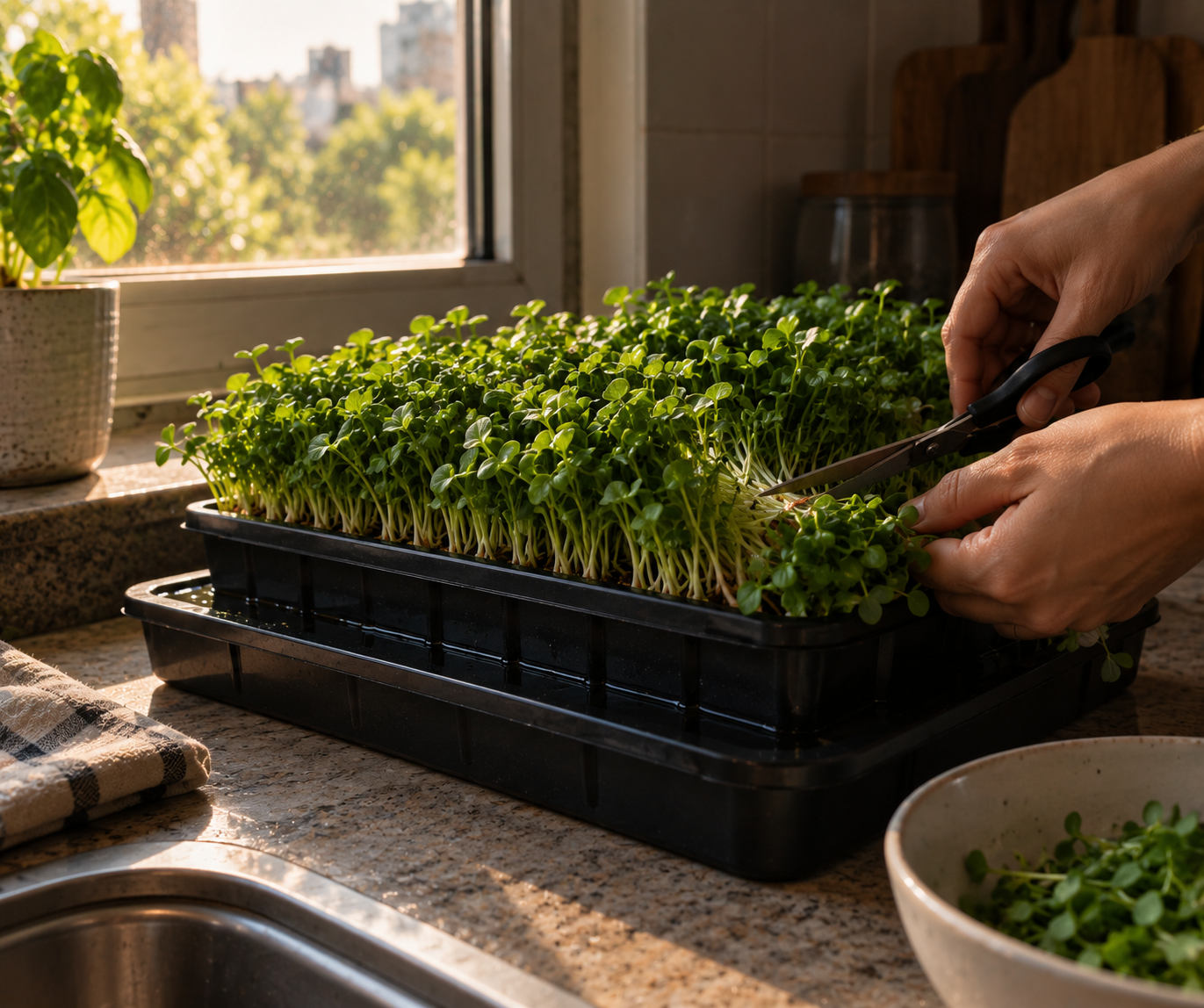 Mãos a cortar microvegetais com uma tesoura