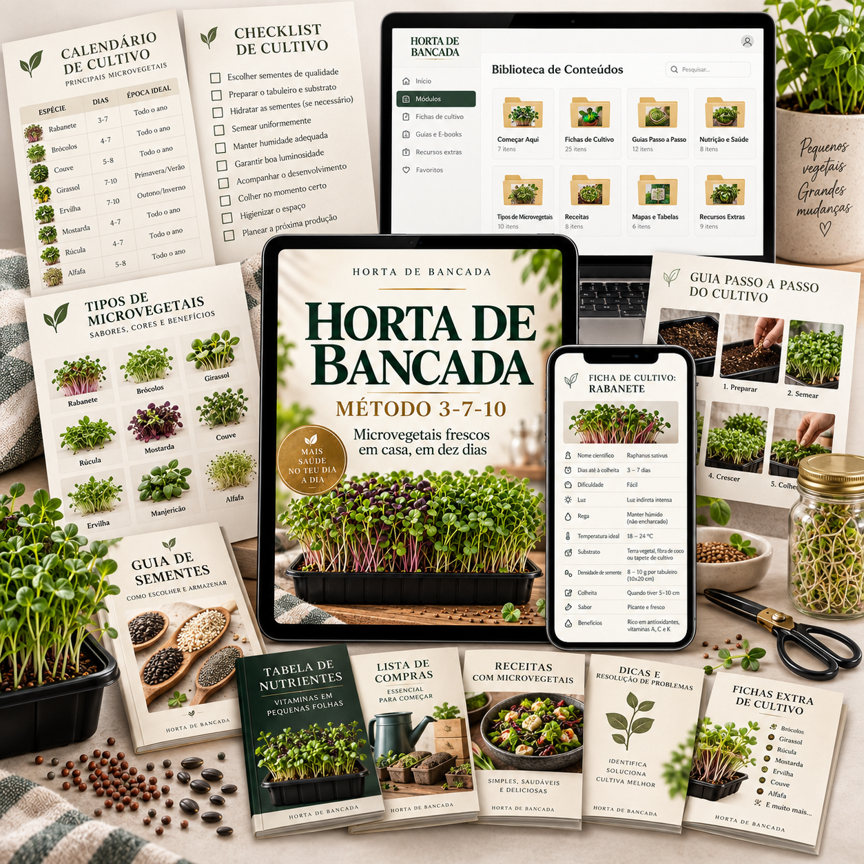 Mockup do produto Horta de Bancada com guia, materiais e apoio visual